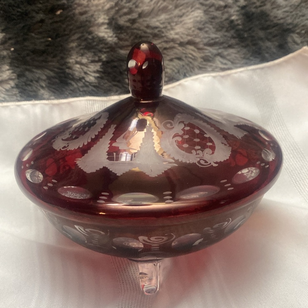 Vintage Bohemian  Red Glass Cut To Clear Candy Dish
W/lid - Picture 14 of 16